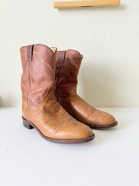 Justin Men's Brown Cowboy Roper Boots Smooth Ostrich Western Roper Toe Size 10 D